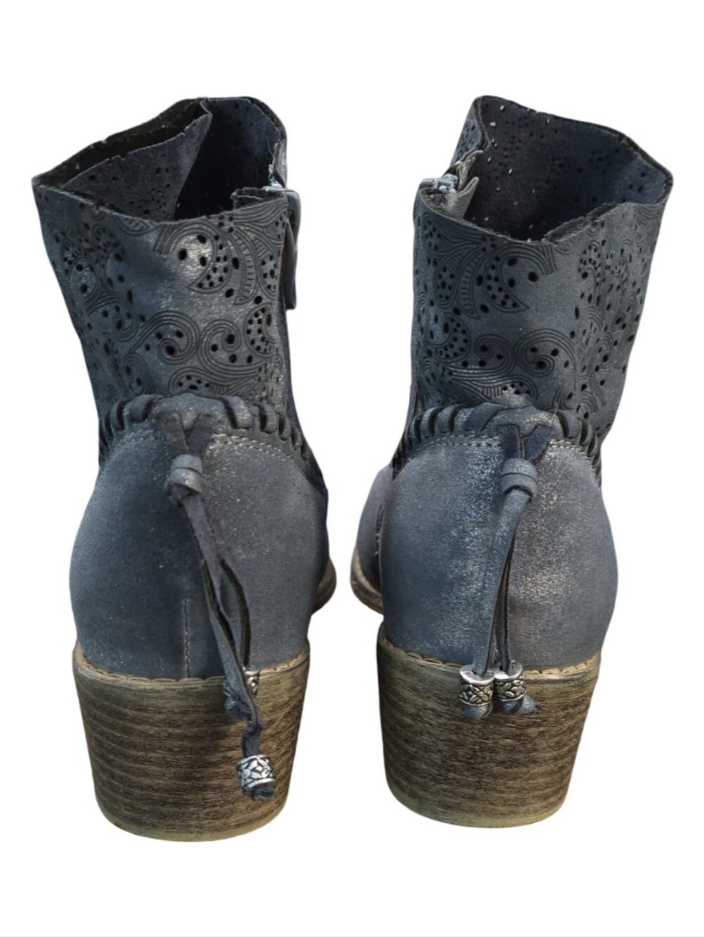 Boutique 9 Blue Suede Laser-Cut Ankle Boots Shiny Festival Zipper Cutouts 8 - Picture 4 of 12